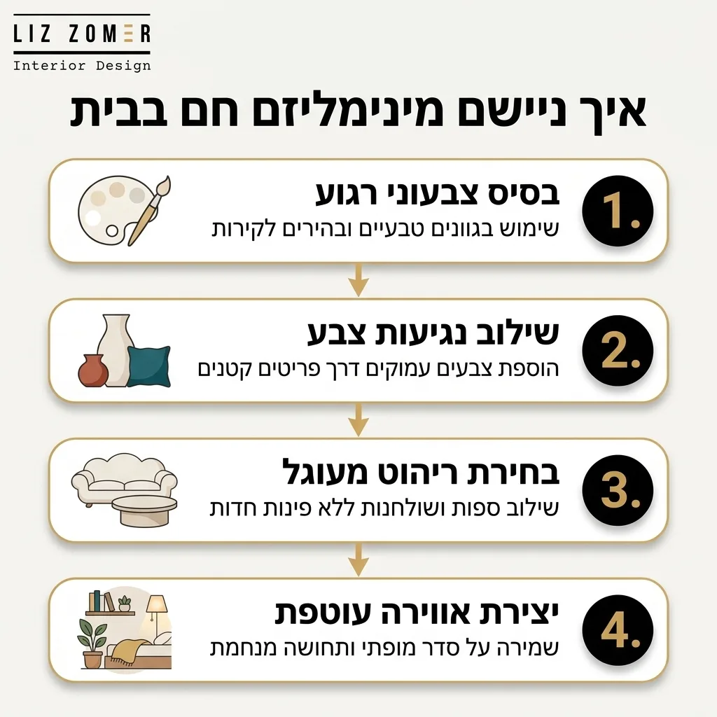 אינפוגרפיקה — איך ניישם מינימליזם חם בבית: בסיס צבעוני רגוע, שילוב נגיעות צבע, בחירת ריהוט מעוגל, יצירת אווירה עוטפת
