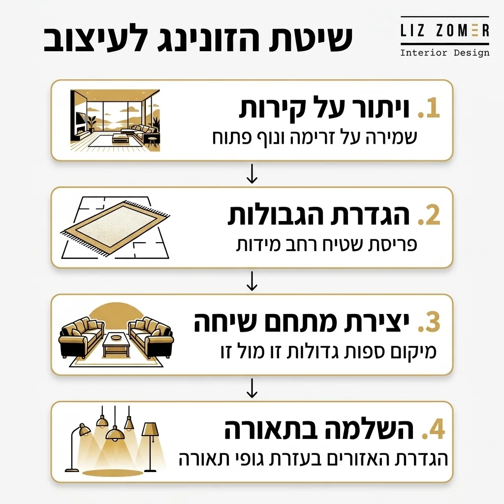 אינפוגרפיקה — שיטת הזונינג לעיצוב: ויתור על קירות, הגדרת הגבולות, יצירת מתחם שיחה, השלמה בתאורה