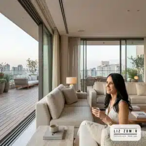 סלון של פנטהאוז הנפתח למרפסת רחבת ידיים באמצעות ויטרינות ענק, המטשטשות את הגבול בין פנים לחוץ.