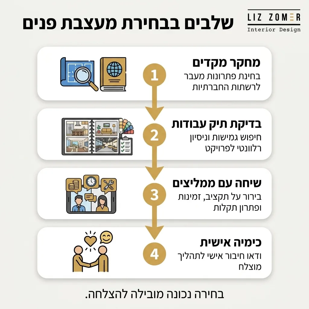 אינפוגרפיקה — שלבים בבחירת מעצבת פנים: מחקר מקדים, בדיקת תיק עבודות, שיחה עם ממליצים, כימיה אישית