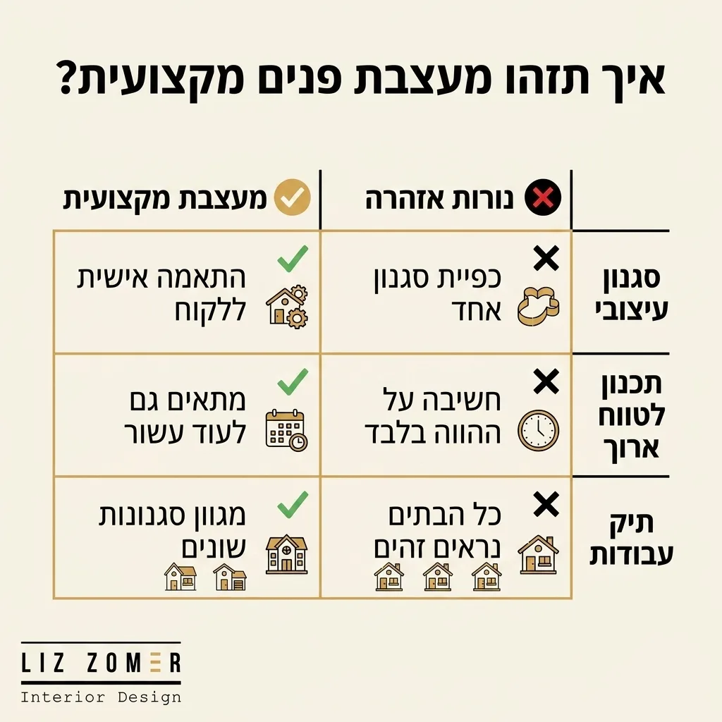 אינפוגרפיקה — איך תזהו מעצבת פנים מקצועית?: השוואה בין מעצבת מקצועית, נורות אזהרה