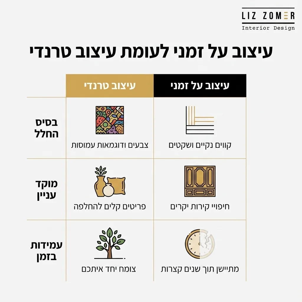 אינפוגרפיקה — עיצוב על זמני לעומת עיצוב טרנדי: השוואה בין עיצוב על זמני, עיצוב טרנדי