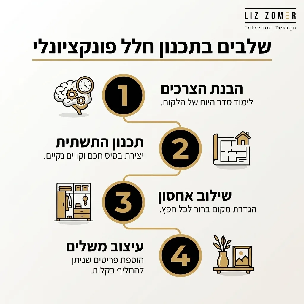 אינפוגרפיקה — שלבים בתכנון חלל פונקציונלי: הבנת הצרכים, תכנון התשתית, שילוב אחסון, עיצוב משלים