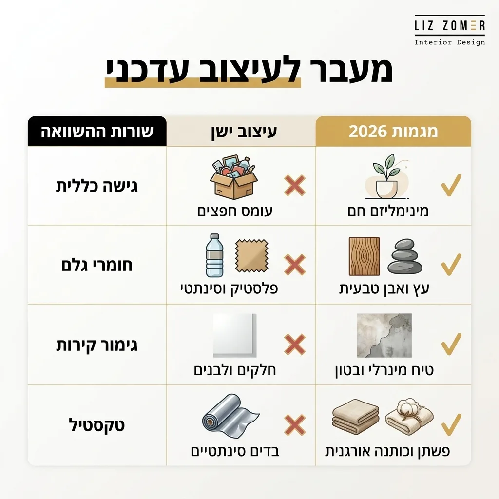 אינפוגרפיקה — מעבר לעיצוב עדכני: השוואה בין עיצוב ישן, מגמות 2026