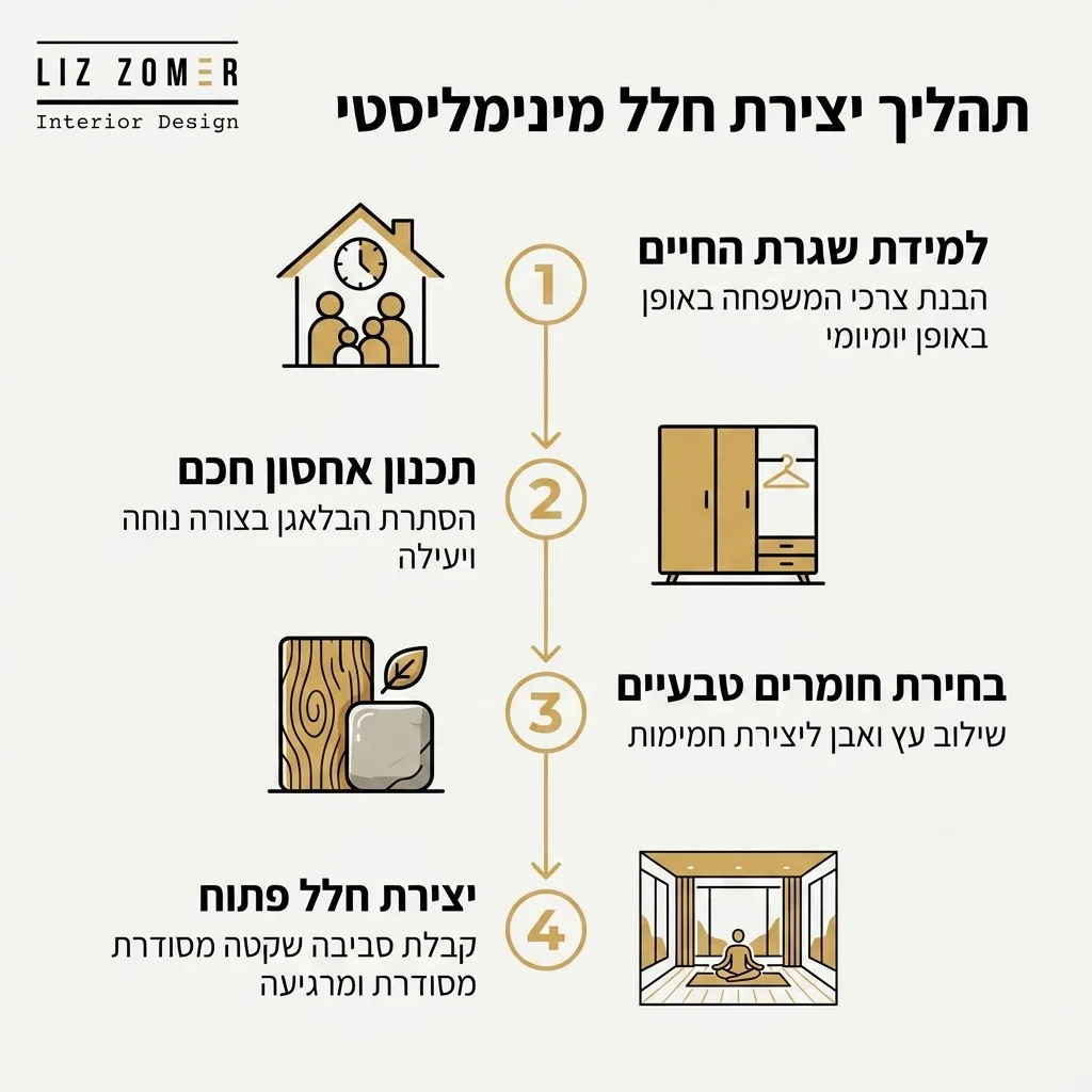 אינפוגרפיקה — תהליך יצירת חלל מינימליסטי: למידת שגרת החיים, תכנון אחסון חכם, בחירת חומרים טבעיים, יצירת חלל פתוח