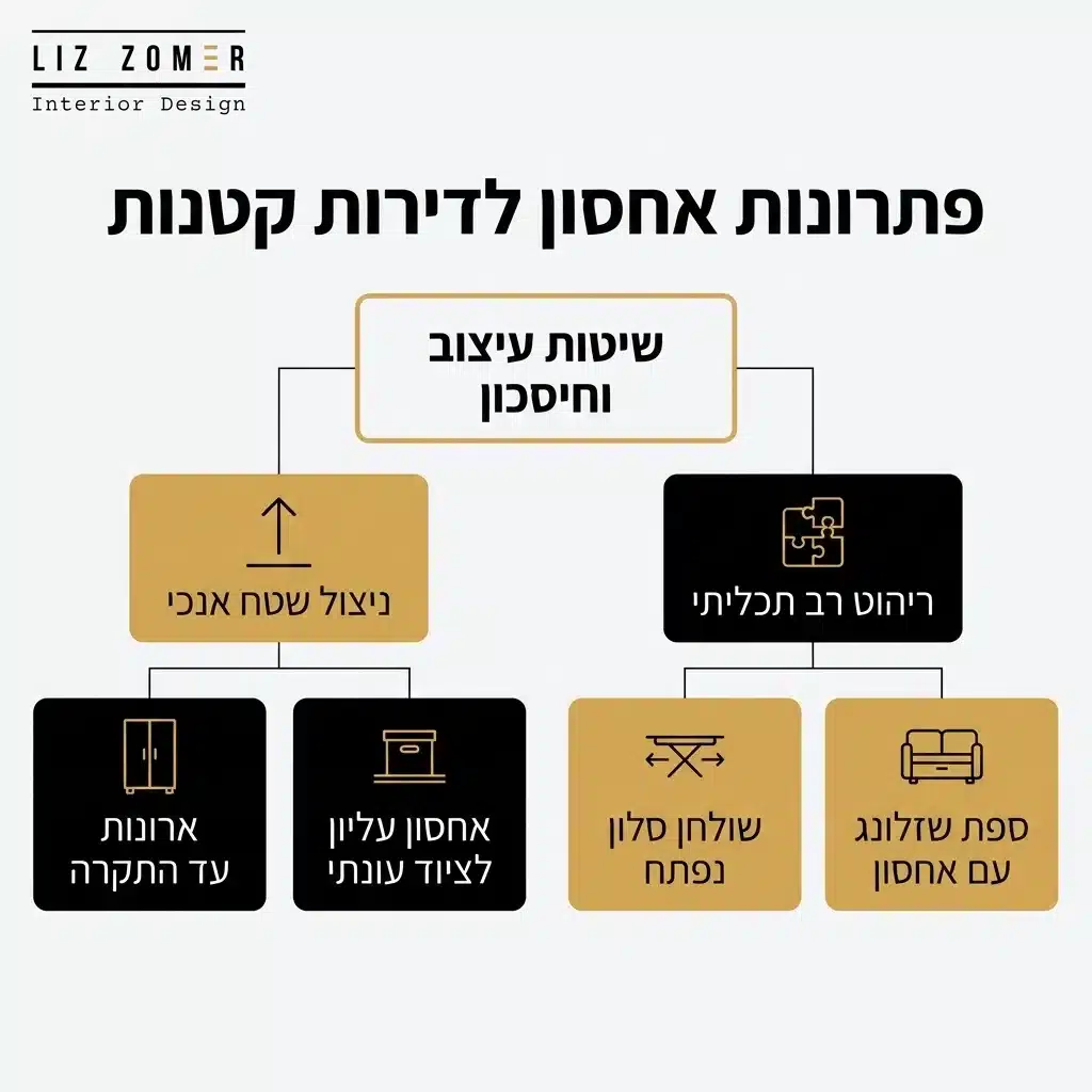 אינפוגרפיקה — פתרונות אחסון לדירות קטנות: שיטות עיצוב וחיסכון