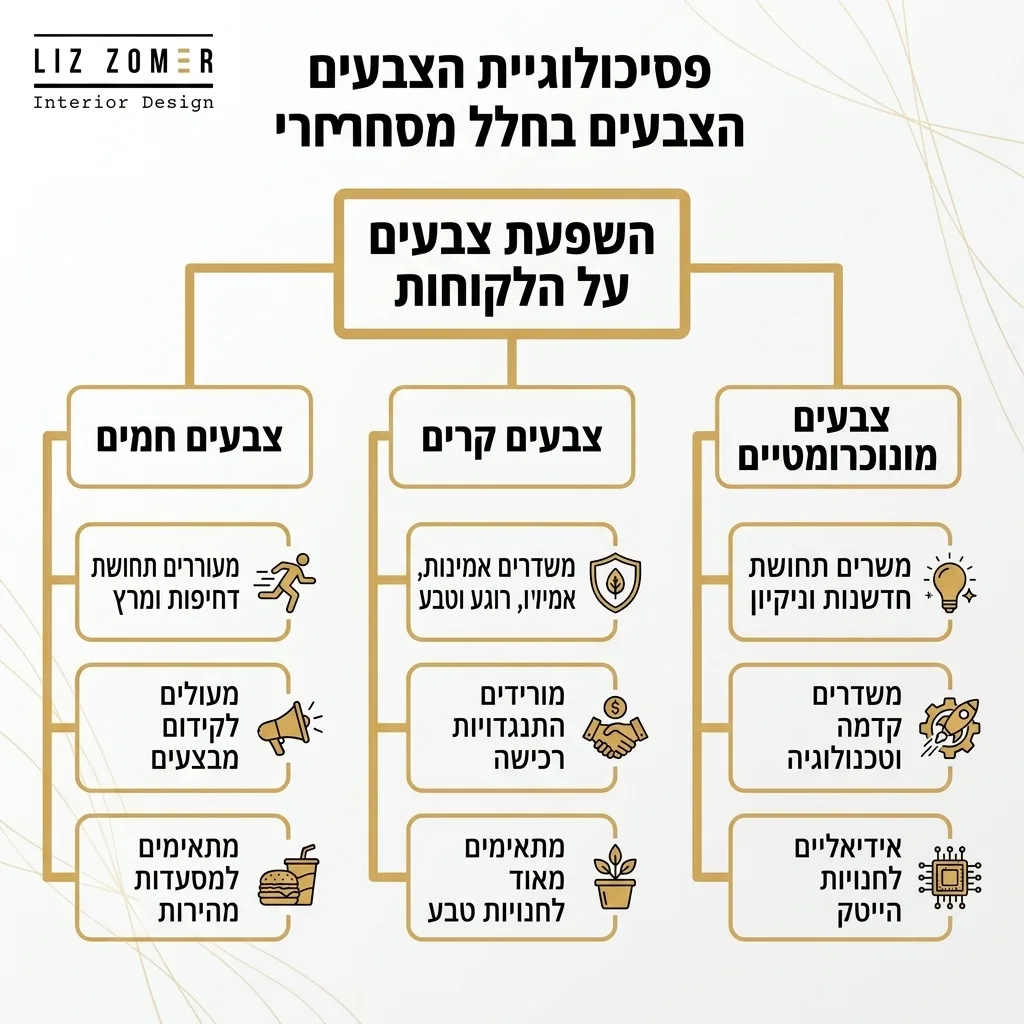 אינפוגרפיקה — פסיכולוגיית הצבעים בחלל מסחרי: השפעת צבעים על הלקוחות