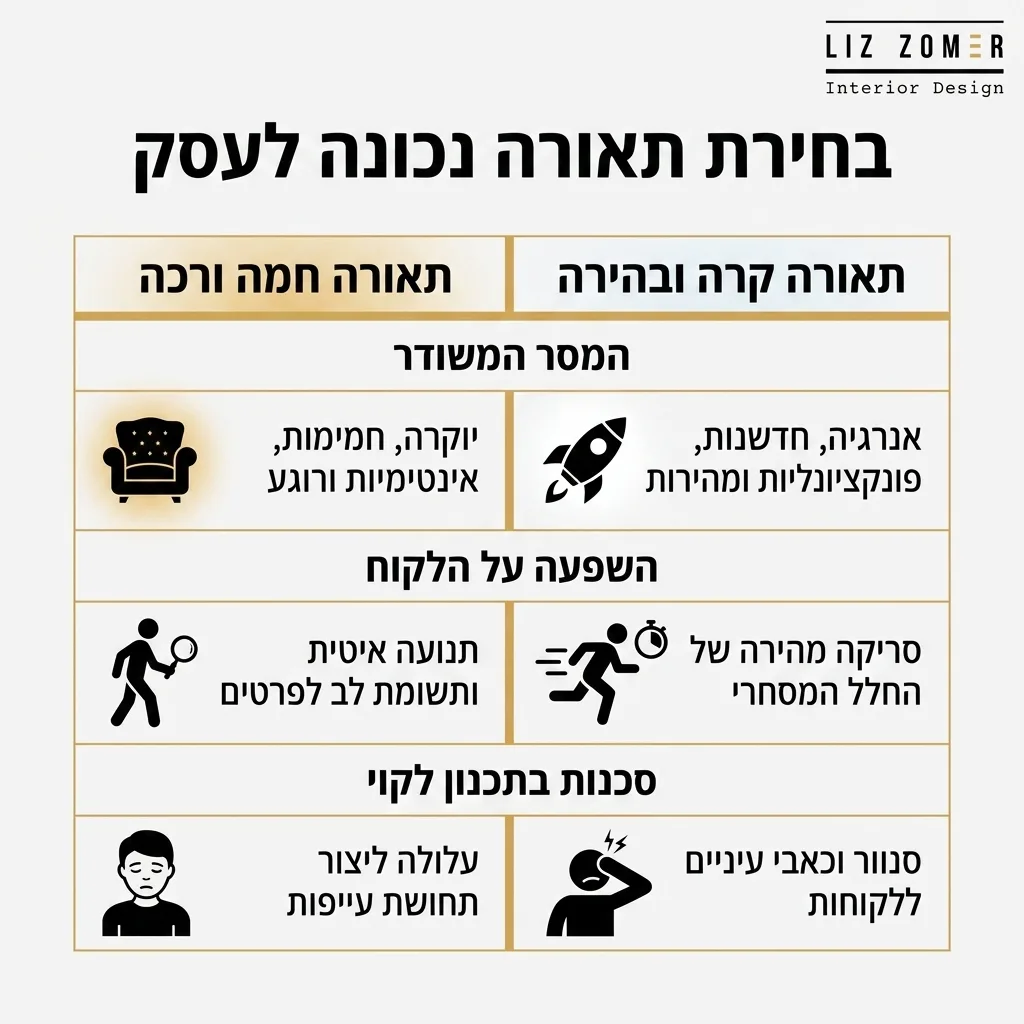 אינפוגרפיקה — בחירת תאורה נכונה לעסק: השוואה בין תאורה חמה ורכה, תאורה קרה ובהירה