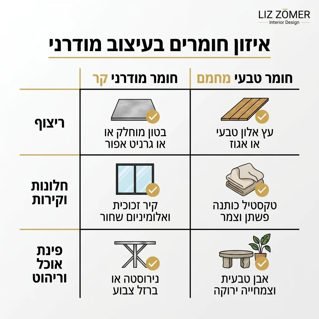 אינפוגרפיקה — איזון חומרים בעיצוב מודרני: השוואה בין חומר מודרני קר, חומר טבעי מחמם