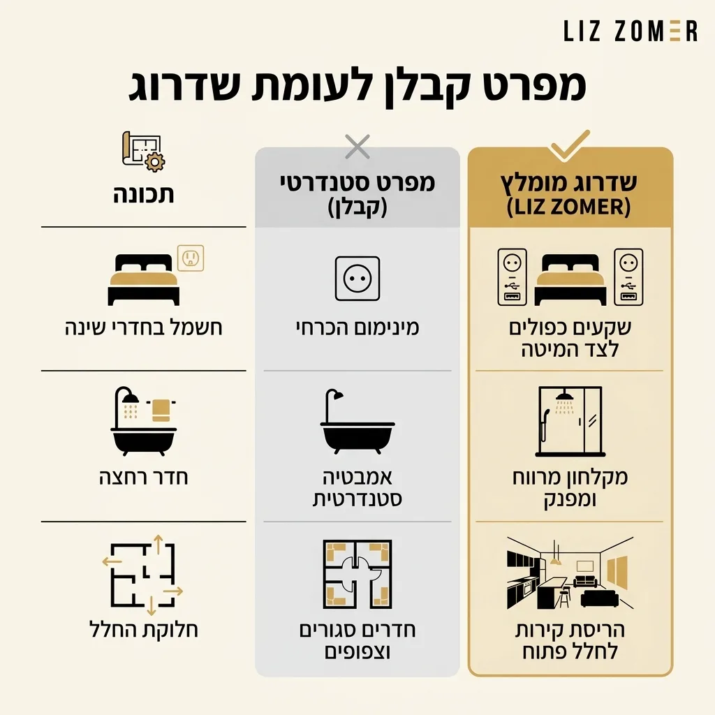אינפוגרפיקה — מפרט קבלן לעומת שדרוג: השוואה בין מפרט סטנדרטי, שדרוג מומלץ