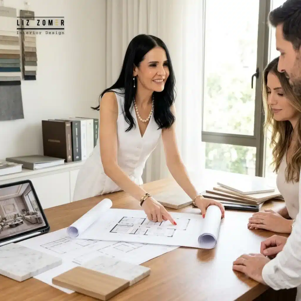 תמונת 'לפני ואחרי' של דירת קבלן משודרגת, או תמונה מסיור פיקוח בשטח עם תוכניות העבודה אל מול קירות הבלוקים.
