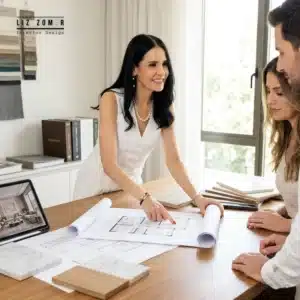 תמונת 'לפני ואחרי' של דירת קבלן משודרגת, או תמונה מסיור פיקוח בשטח עם תוכניות העבודה אל מול קירות הבלוקים.