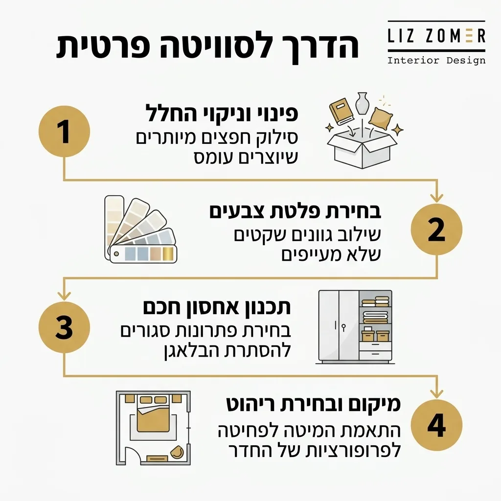 אינפוגרפיקה — הדרך לסוויטה פרטית: פינוי וניקוי החלל, בחירת פלטת צבעים, תכנון אחסון חכם, מיקום ובחירת ריהוט