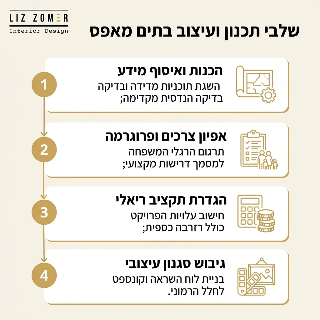 אינפוגרפיקה — שלבי תכנון ועיצוב בתים מאפס: הכנות ואיסוף מידע, אפיון צרכים ופרוגרמה, הגדרת תקציב ריאלי, גיבוש סגנון עיצובי