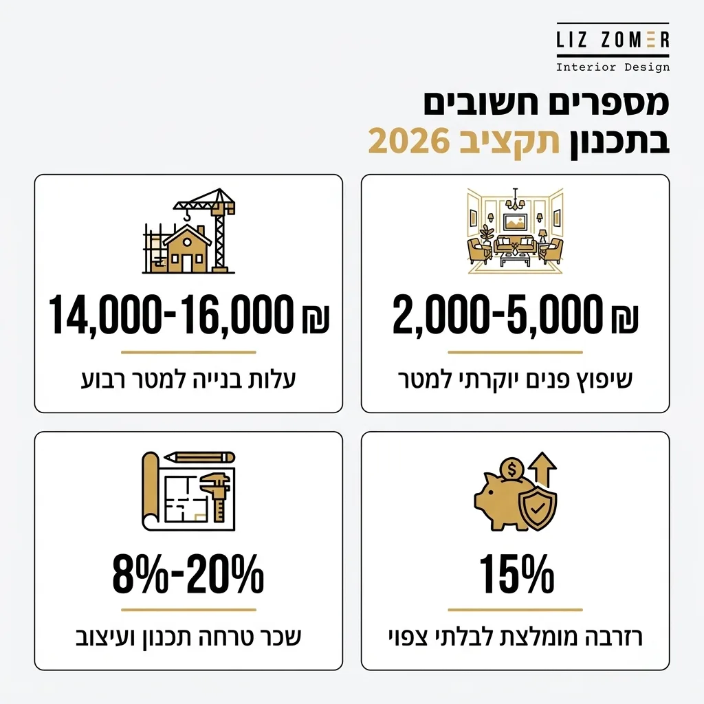 אינפוגרפיקה — מספרים חשובים בתכנון תקציב 2026: עלות בנייה למטר רבוע, שיפוץ פנים יוקרתי למטר, שכר טרחה תכנון ועיצוב, רזרבה מומ
